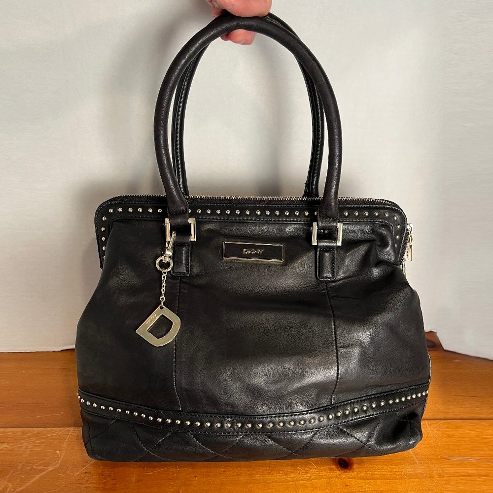 DKNY Large Studded Black Leather Satchel w/ Adjustable Shoulder Strap
